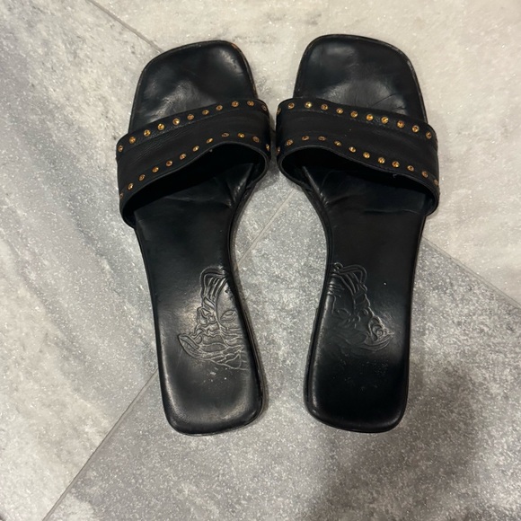 Versace Y2K Black Leather Rhinestone Trim Slides Medusa size 39 - Picture 1 of 12